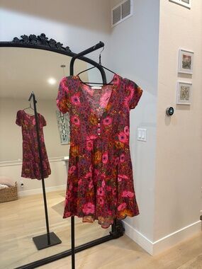 Spell & the Gypsy Floral Tiered Short-Sleeve Dress in Pink and Orange